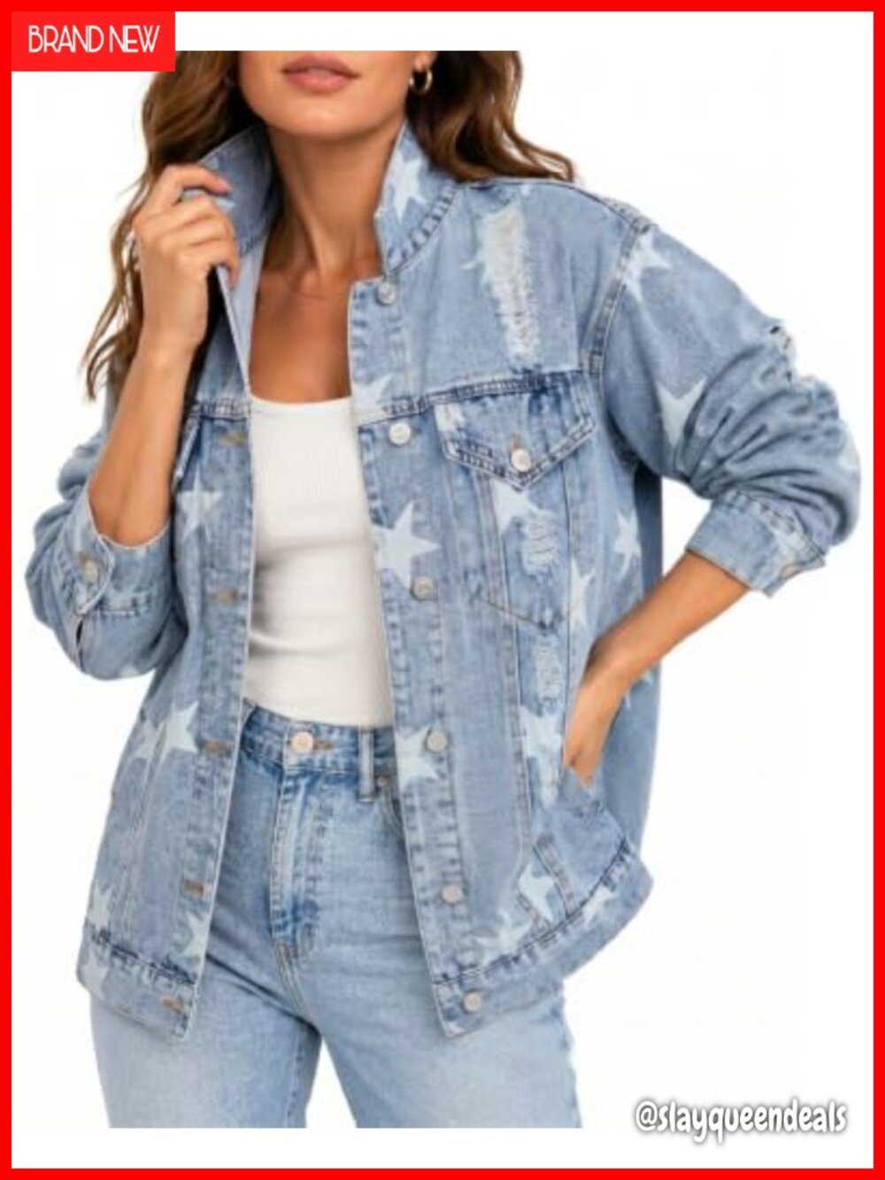 Oversized Star Print Denim Jacket Distressed Frayed Button Down